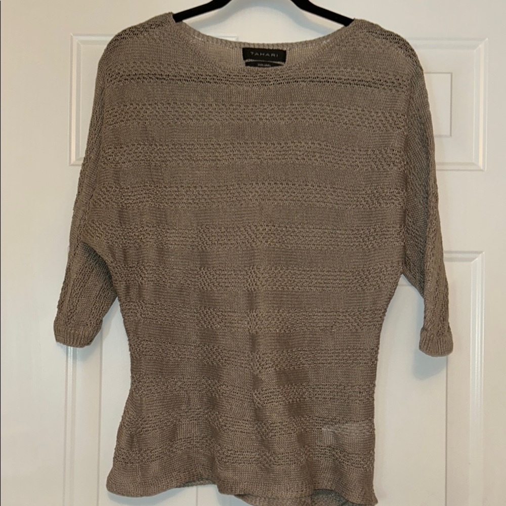 Tahari Linen Dolman Short Sleeve Sweater S Tan Boatneck Textured Summer Casual